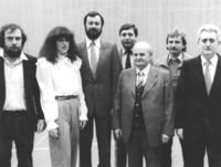 Die Verwaltung im Jahr 1979. Von links: Günter Schöner, Birgit und Franz Pöffel, Wolfgang Schöner, Adolf Nagel, Werner Fink, Hans Metzelaars